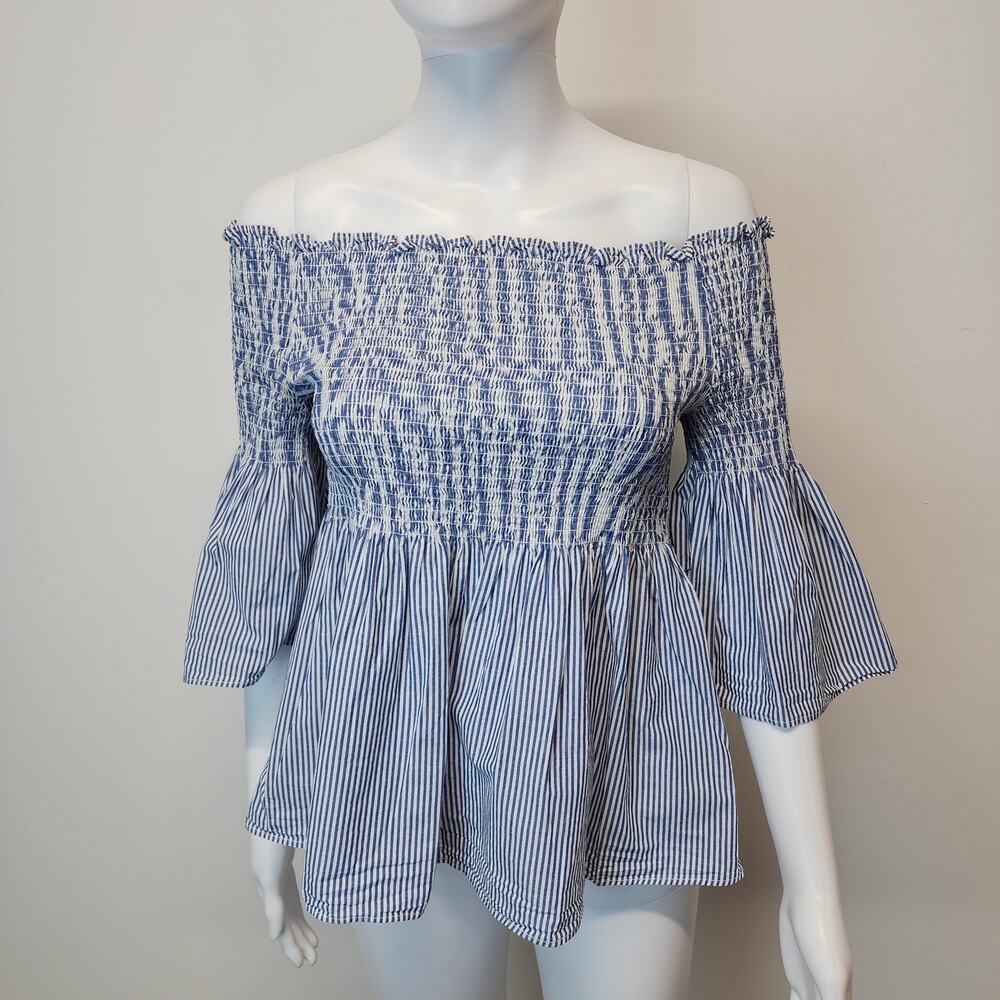 Zara Womens Smocked Top Size M Blue White Striped Off Shoulder Bell Sleeve Y2K